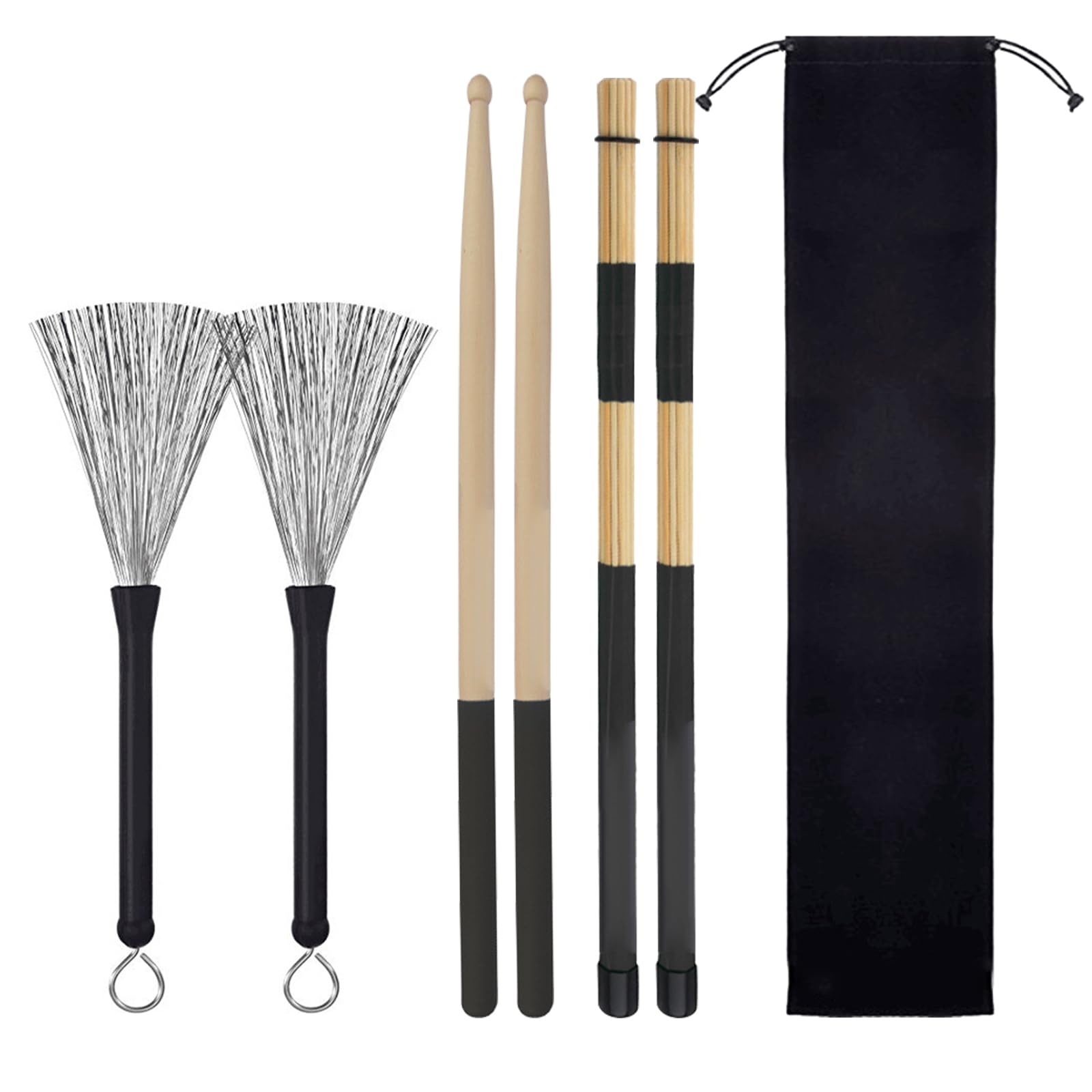 Aulufft Drum Stick Set,1 Pair 5A Classic Maple Wood Drum Sticks And 1 Pair Retractable Drum Wire Brushes And 1 Pair Rods Drum Br